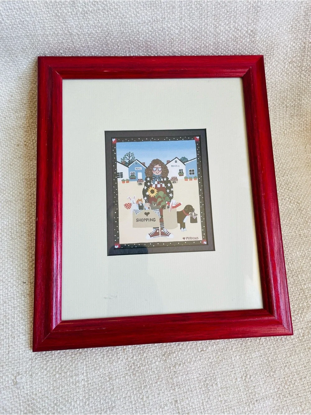 Perkins Shopping Primitive Folk Art Print Red Wood Framed 11x9